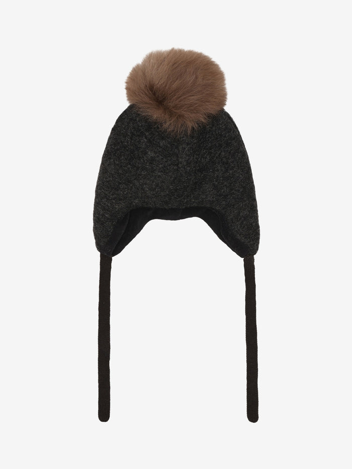 Bonnet med pompon i uld og alpaka – Dark Grey Melange