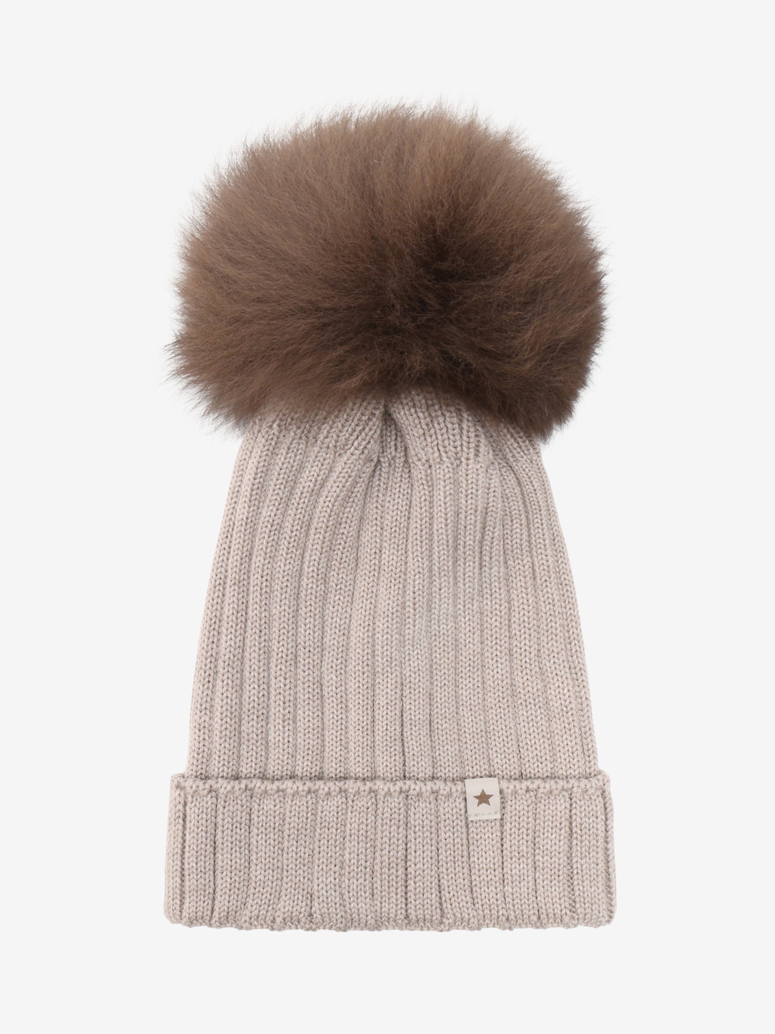 Hue med pompon i alpakastrik – Camel Melange