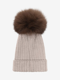 Hue med pompon i alpakastrik – Camel Melange