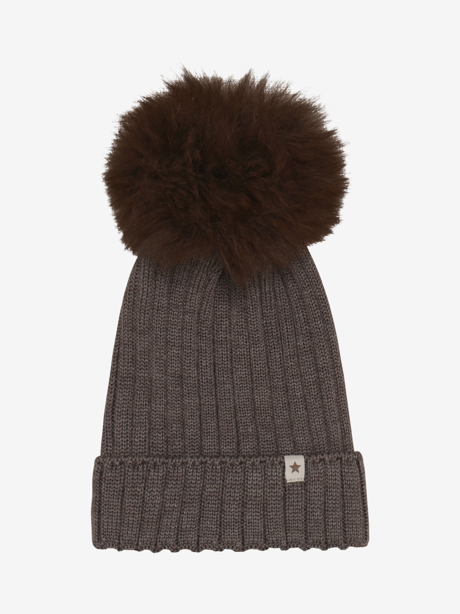 Hue med pompon i alpakastrik – Brown Melange