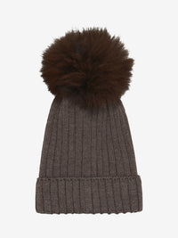 Hue med pompon i alpakastrik – Brown Melange