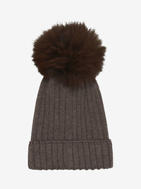 Hue med pompon i alpakastrik – Brown Melange