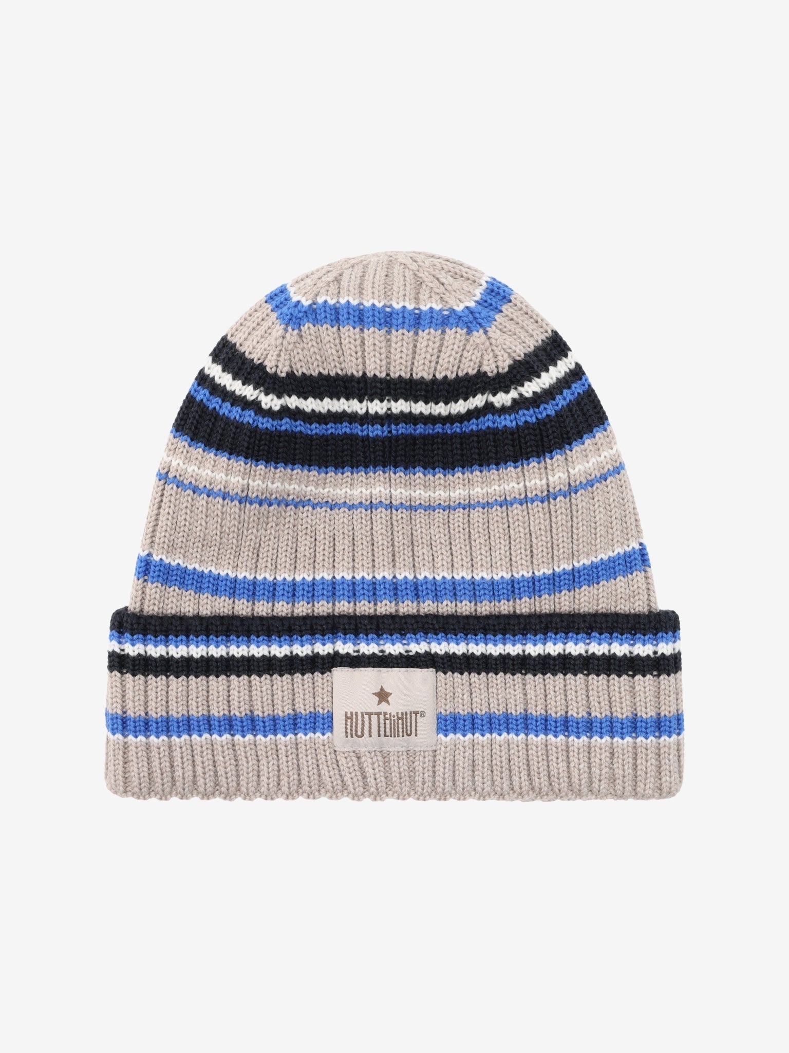 Hue med farvestriber i uldstrik – Dazzling Blue