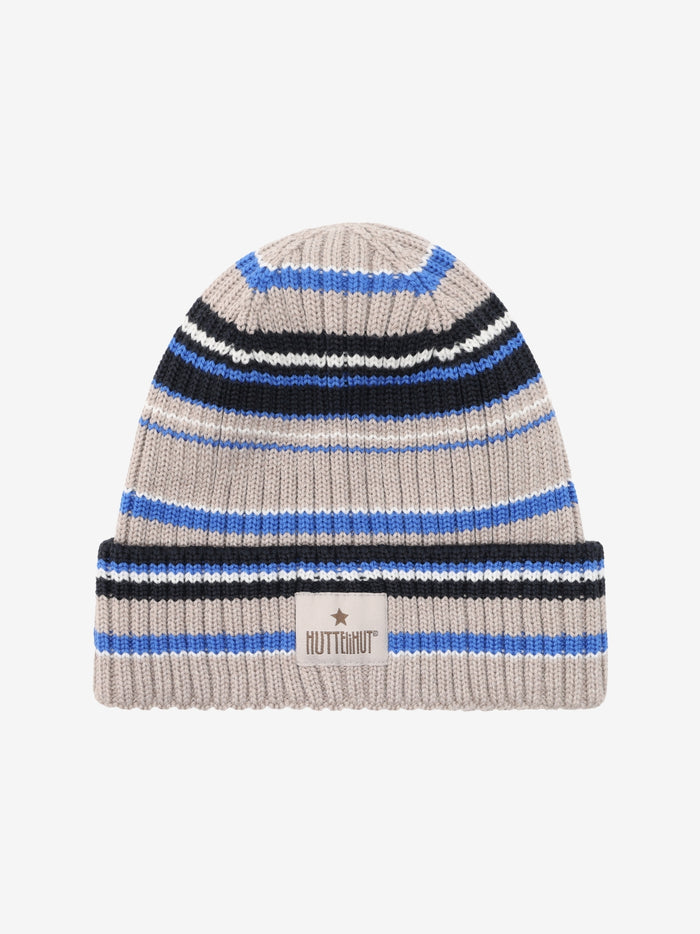 Hue med farvestriber i uldstrik – Dazzling Blue