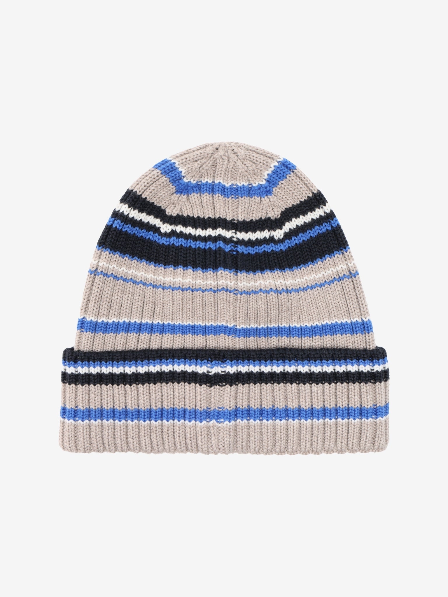 Hue med farvestriber i uldstrik – Dazzling Blue
