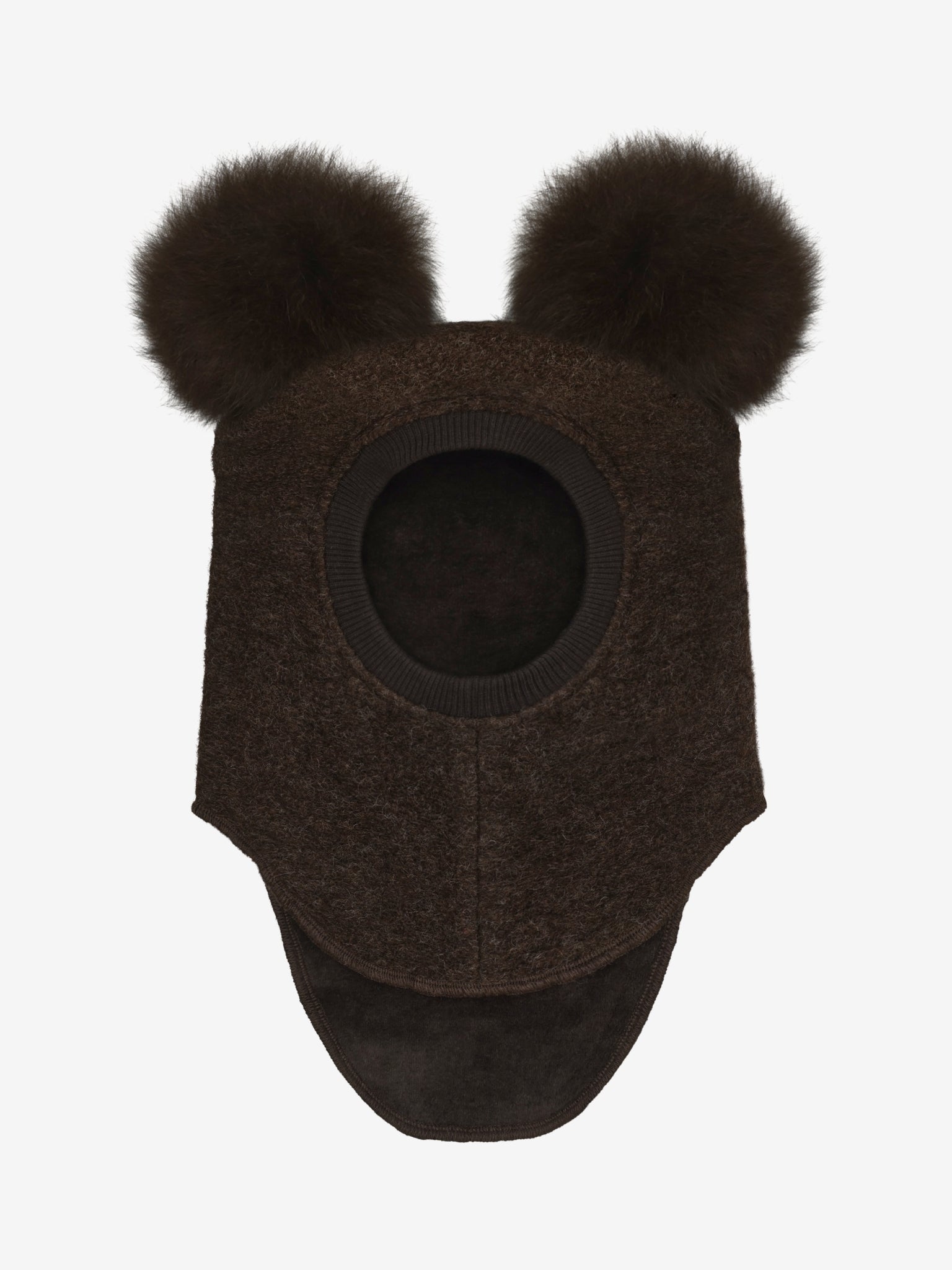 Elefanthue med pomponer i uld og alpaka – Dark Brown Melange