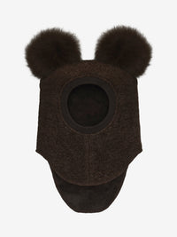Elefanthue med pomponer i uld og alpaka – Dark Brown Melange